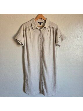 Well Worn Linen Blend Button Up Shirt Dress Tan S Neutral Pockets Short Sleeves